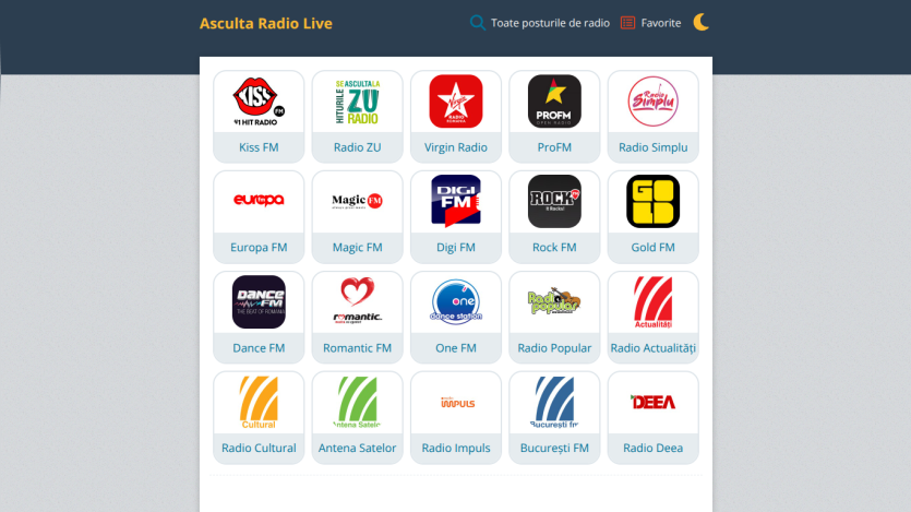 Radio streaming site header with search and favorite options, featuring a grid of popular Romanian radio station logos.