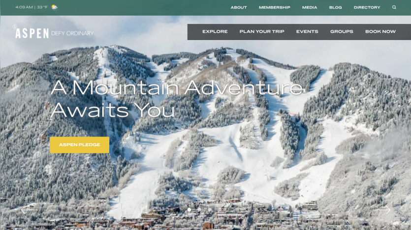 Aspen mountain adventure with navigation links and a call to action for the Aspen pledge