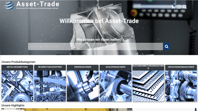 Homepage of Asset-Trade featuring a welcome message and product categories.