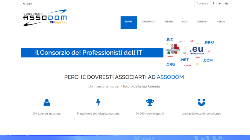 Consorzio ASSODOM homepage showing IT professionals consortium benefits with 40+ companies, advanced tech platform, and 10,000+ domains managed