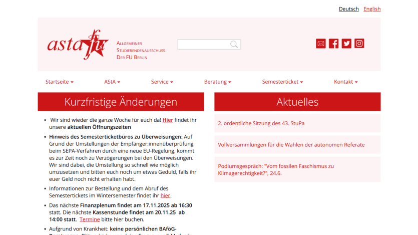 Website of Allgemeiner Studierendenausschuss der FU Berlin with navigation and announcements on short-term changes and current events