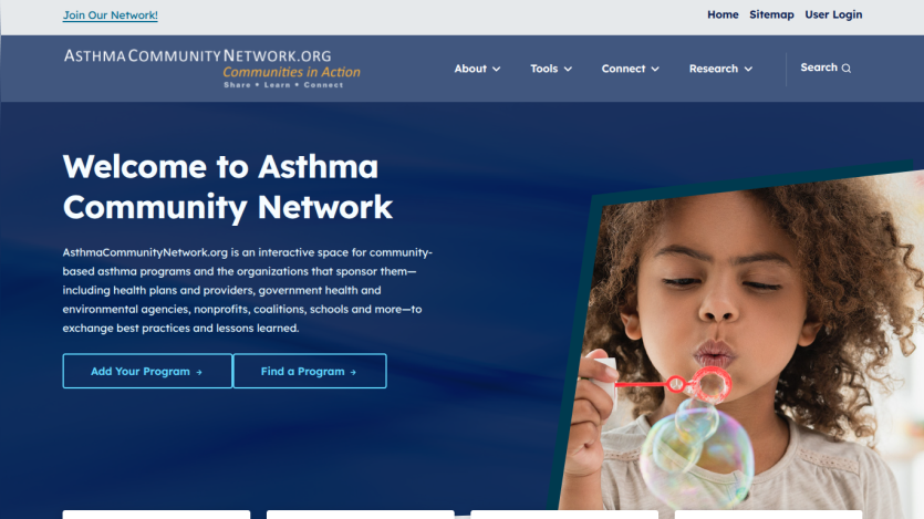 Homepage of Asthma Community Network with a child blowing bubbles and introductory text.