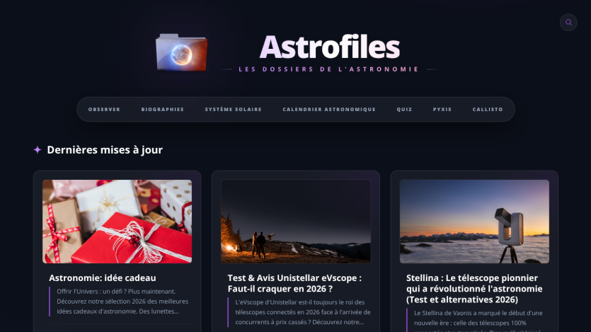 Homepage of Astrofiles featuring latest astronomy updates and articles.
