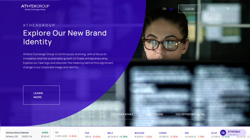 Athrex Group homepage with headline about new brand identity and a learn more button
