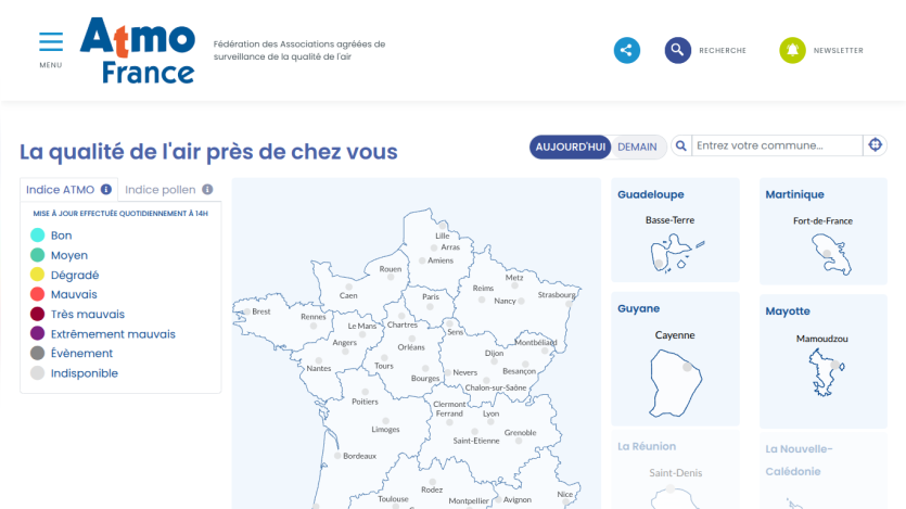 Air quality map of France with color-coded ATMO index and regional locations for today