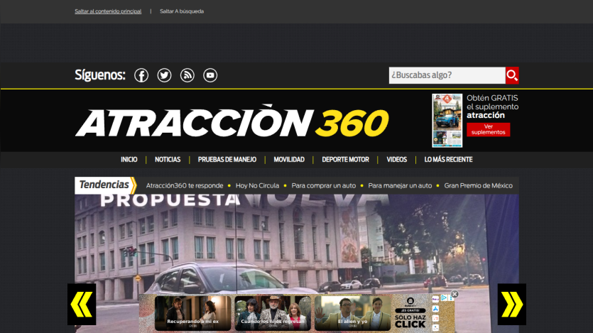 Homepage of Atracción 360 featuring a car and navigation menu.