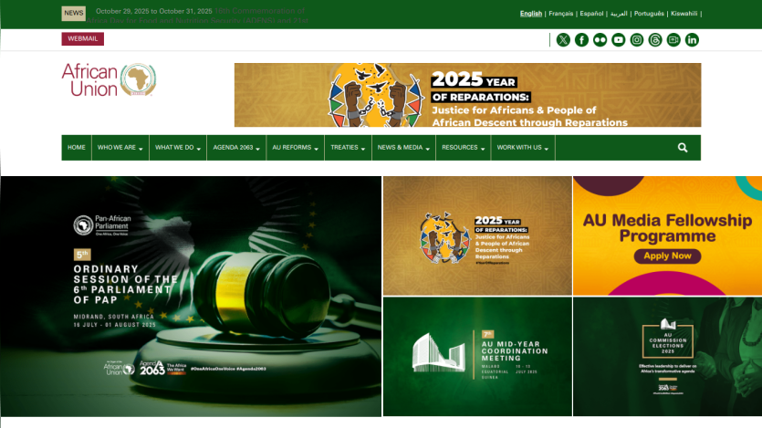 African Union website showcasing various programs and initiatives with a prominent gavel image.