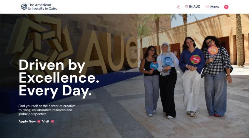 Homepage of the American University in Cairo featuring students and a motivational tagline.