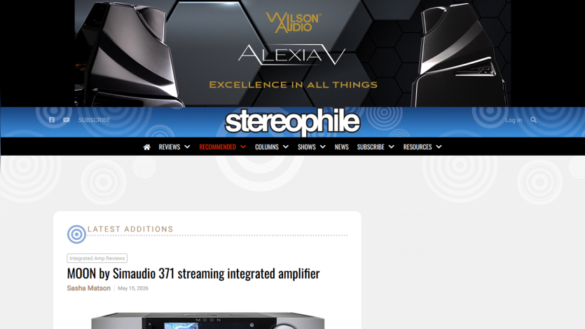 Homepage of Stereophile featuring the latest additions and a product spotlight.
