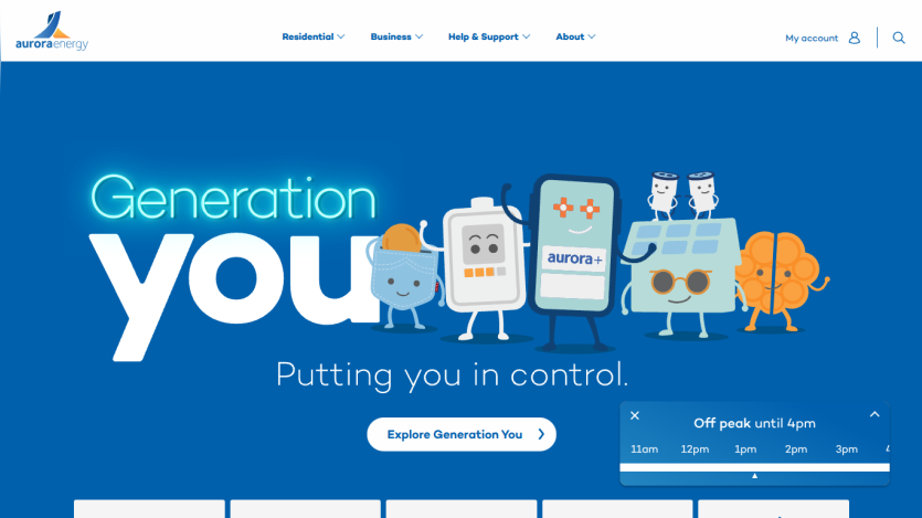 Aurora Energy homepage hero with Generation You campaign and call to action button