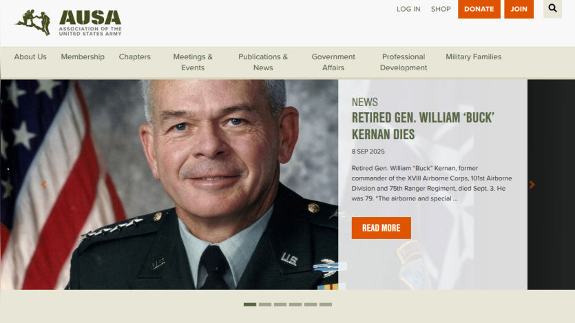 AUSA website featuring news about retired General William 'Buck' Kenenan.