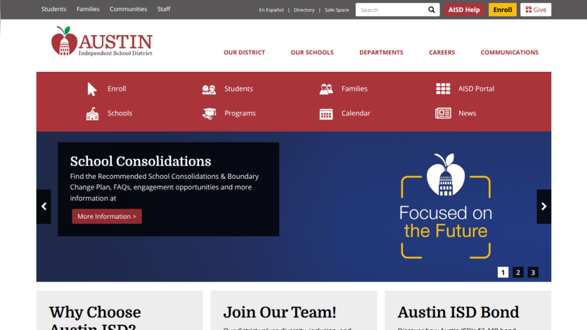 Austin Independent School District homepage with navigation links and school consolidations information