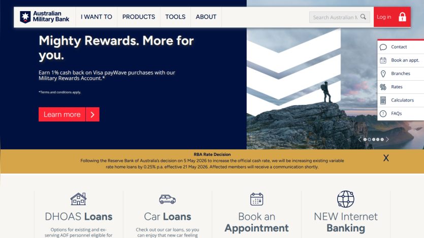 Homepage of Australian Military Bank featuring rewards program and navigation options.