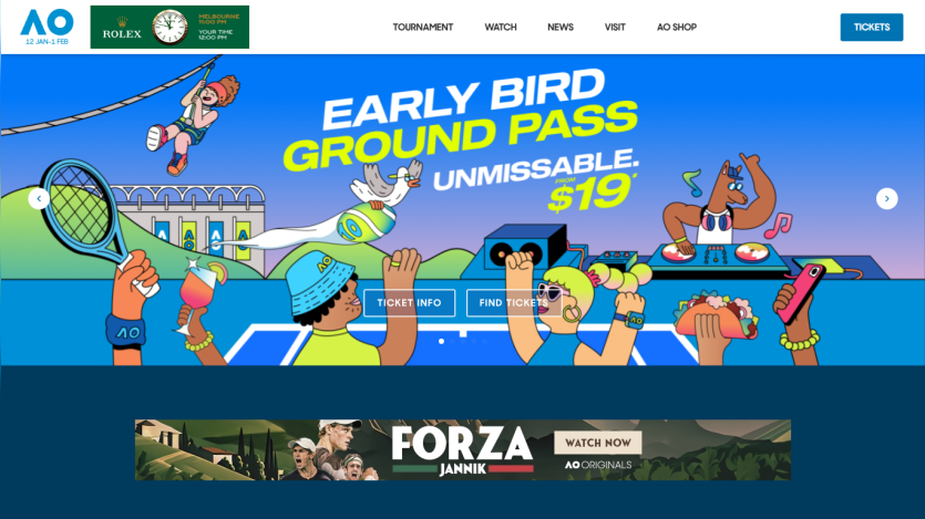 Australian Open website hero promoting early bird ground pass tickets from $19 with cartoon crowd and tennis court background