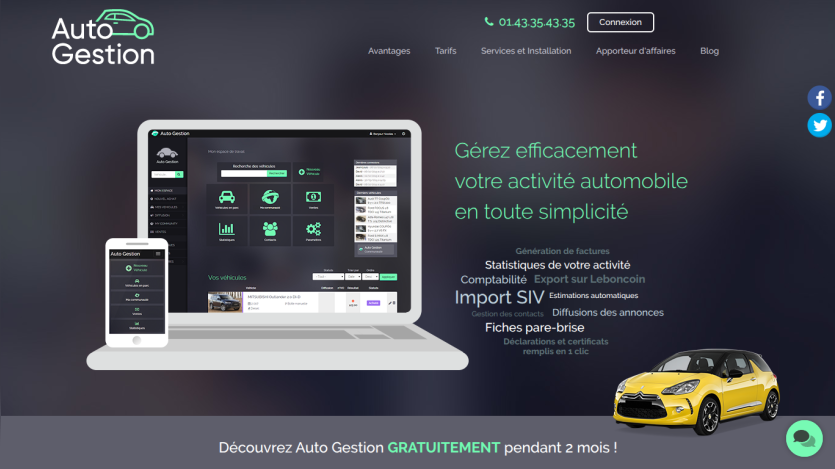 Website for Auto Gestion showcasing services for automotive activity management.