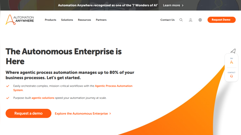 Homepage promoting the Autonomous Enterprise with a call to action for a demo.
