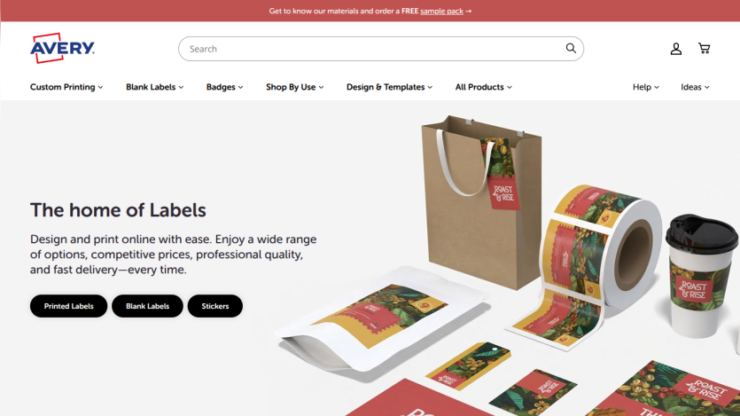 Homepage of Avery showcasing label design and printing services with product images and navigation menu