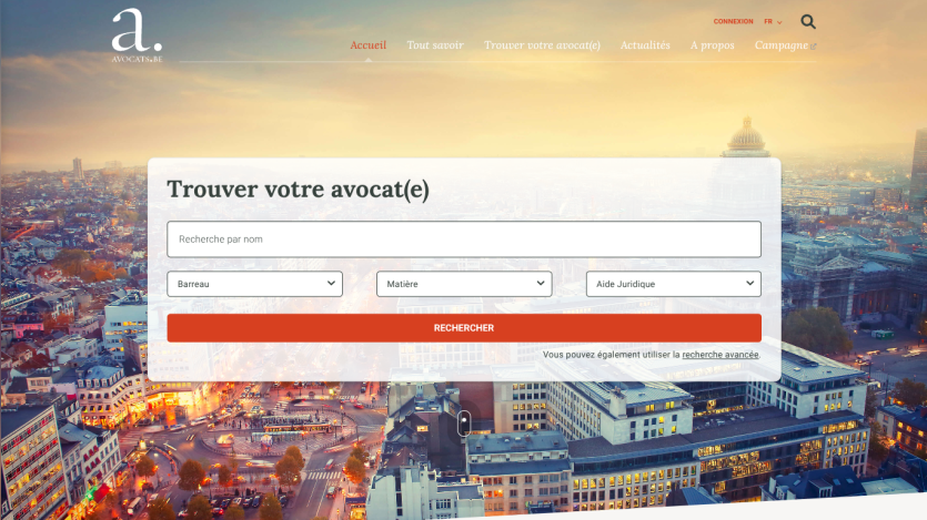 Search interface for finding a lawyer with location and specialty options.