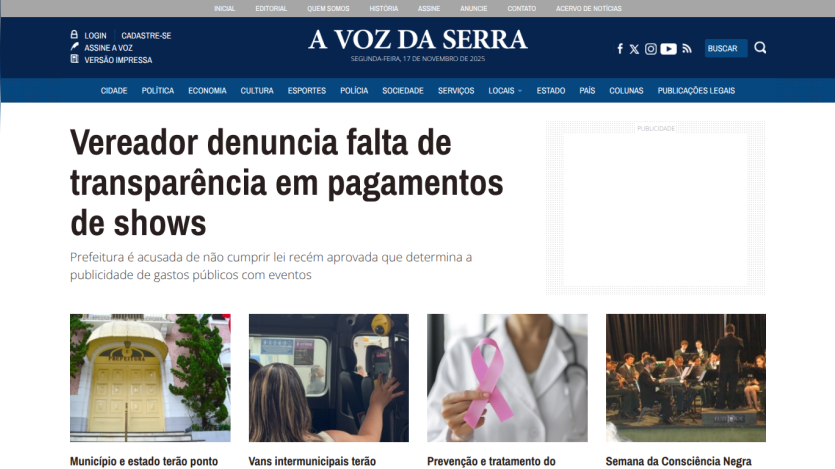 News homepage with headline about councilman denouncing lack of transparency in show payments and related news articles.