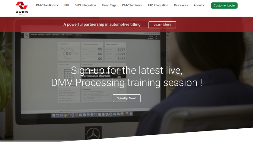 Website header with navigation and a hero section promoting live DMV processing training sessions with sign-up button