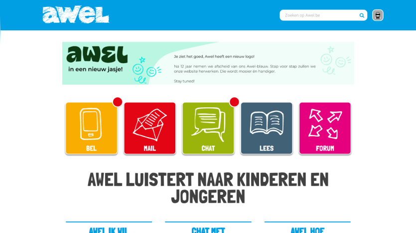 Awel website with new logo announcement, navigation icons for call, mail, chat, read, forum, and headline about listening to children and youth