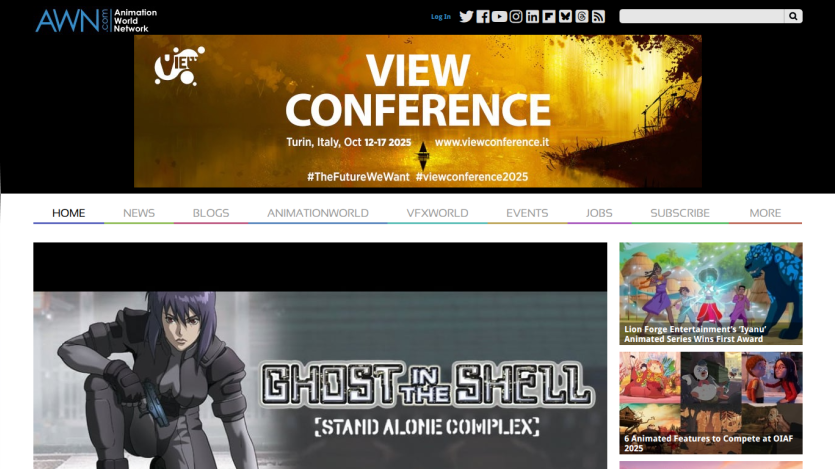 Homepage of AWN featuring a conference banner and promotional content for 'Ghost in the Shell'.