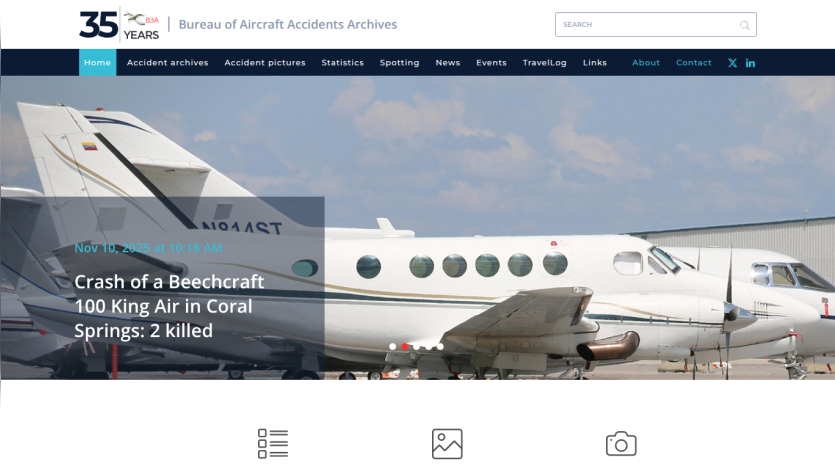 Bureau of Aircraft Accidents Archives homepage with navigation and featured news about a Beechcraft 100 King Air crash