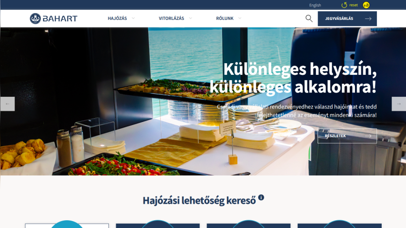 Bahart website with a buffet table on a boat and text about special event locations and options for family or corporate events