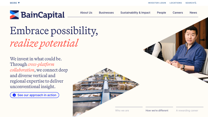 Bain Capital homepage featuring a tagline about collaboration and potential.