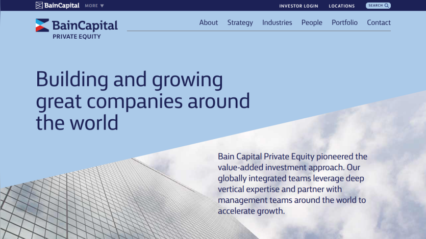Bain Capital Private Equity homepage with navigation and headline about building and growing great companies globally.