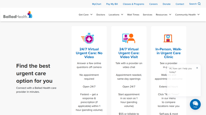 Homepage featuring urgent care options with icons and descriptions.
