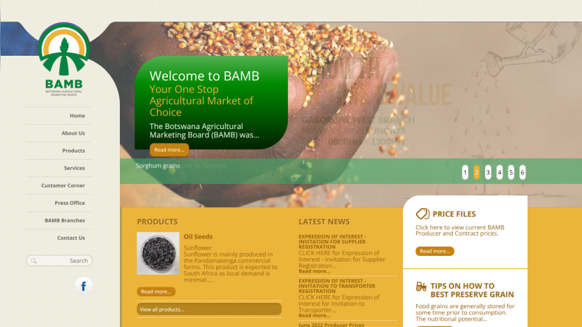 Homepage of BAMb showcasing agricultural products and services with a welcoming message.