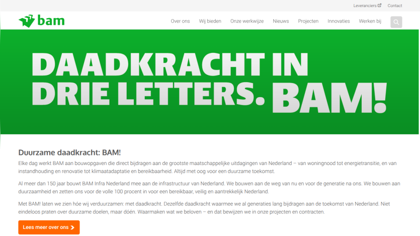 BAM website with green hero banner stating 'DAADKRACHT IN DRIE LETTERS. BAM!' and introduction about sustainable construction in Dutch