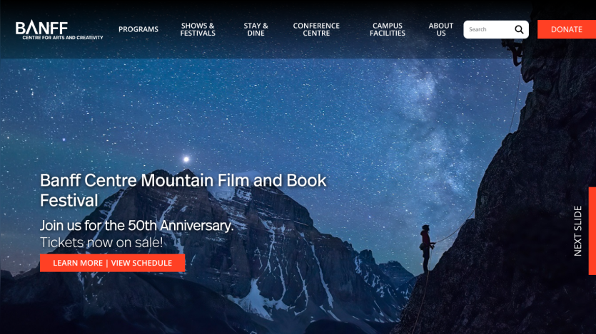 Banff Centre Mountain Film and Book Festival homepage featuring event details and a scenic mountain backdrop.