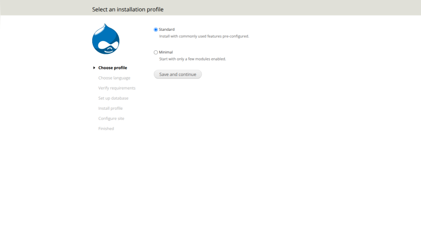 Installation profile selection screen with options for Standard or Minimal and a Save and continue button