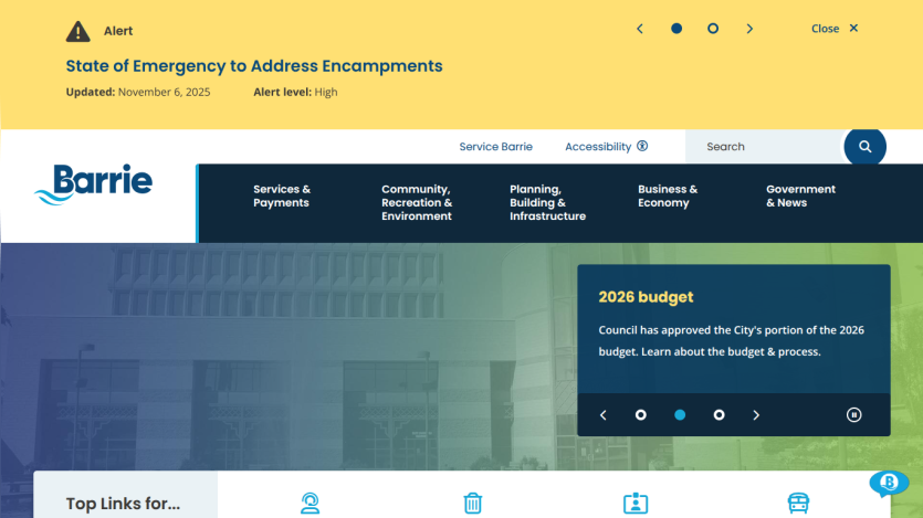 City of Barrie website with alert on emergency encampments and 2026 budget information