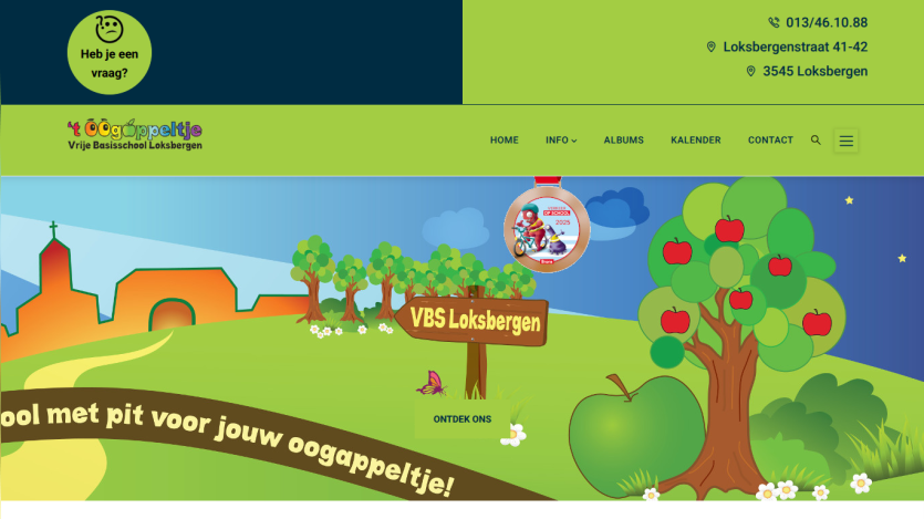 Homepage of VBS Loksbergen school with contact info, navigation menu, and colorful illustrated hero with apple tree and school sign