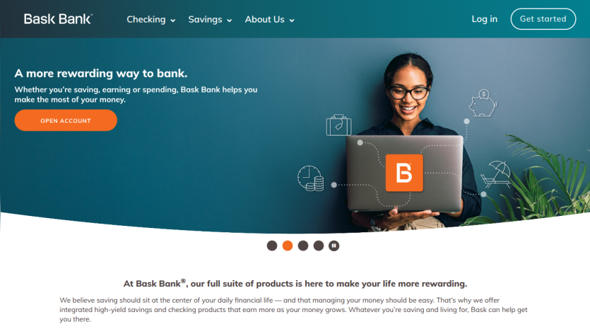 Bask Bank homepage featuring guaranteed returns with a Certificate of Deposit and navigation options for Checking, Savings, and About Us.