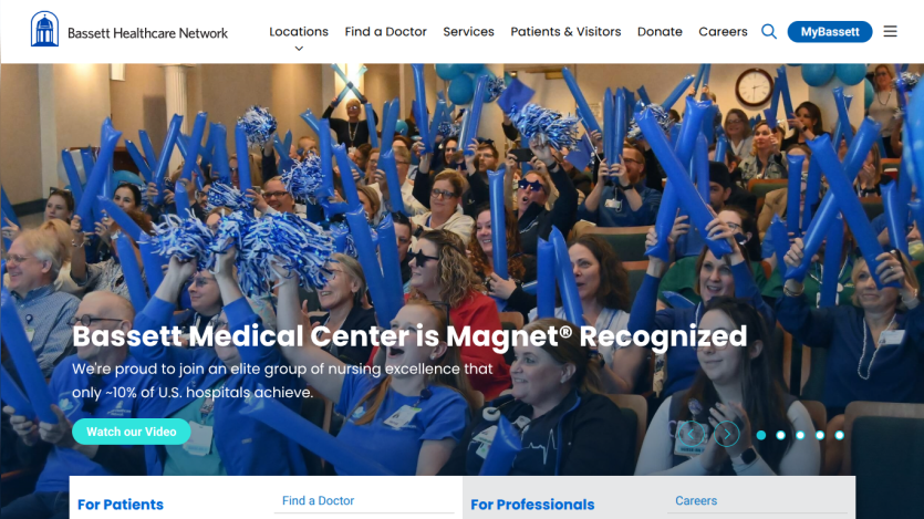 Bassett Medical Center recognized for nursing excellence with a group of people celebrating and a call to watch a video