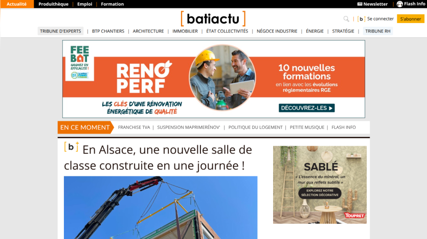 Homepage of Batiactu featuring a construction article and advertisements.