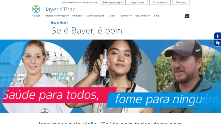 Bayer Brazil homepage with slogan 'Saúde para todos, fome para ninguém' and diverse people in lab and casual settings