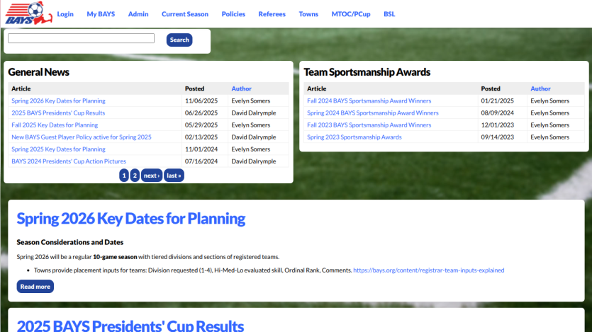 BAYS soccer website with navigation links, news articles, sportsmanship awards, and spring 2026 key dates for planning