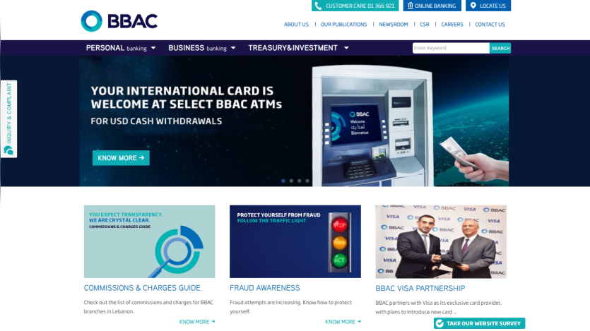 BBAC homepage featuring international card services and ATM information.