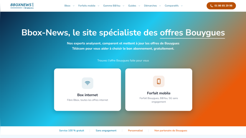 Homepage of Bbox-News showcasing internet and mobile offers with clear call-to-action buttons.
