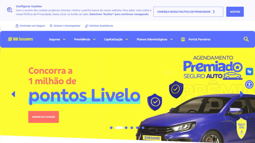 BB Seguros homepage with insurance options and promotion for Livelo points contest, featuring a blue car image