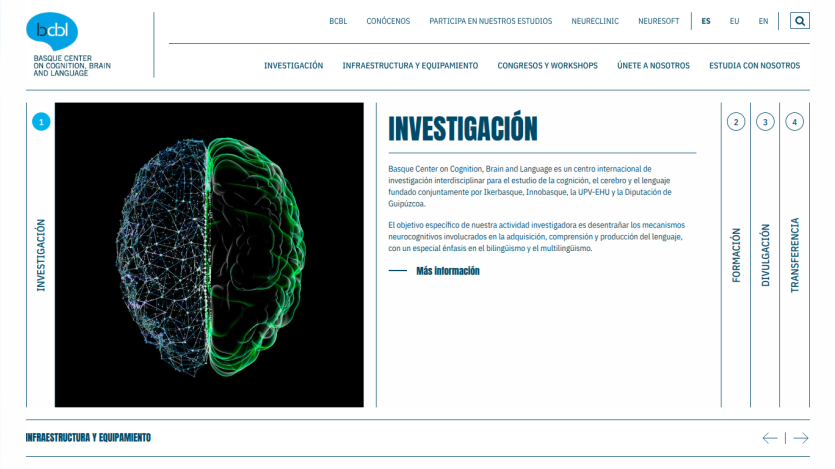 Basque Center on Cognition, Brain and Language research section with brain image and description in Spanish