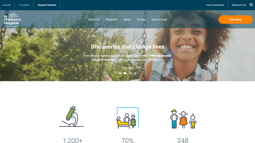 Website homepage with navigation bar, hero image of smiling child, headline about discoveries, and three icon stats below