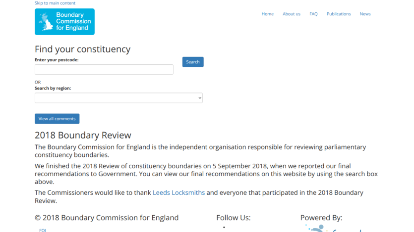 Boundary Commission for England homepage with search bar and 2018 Boundary Review information.