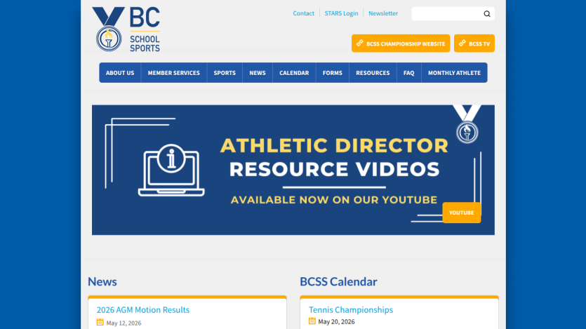 BC School Sports homepage featuring athletic director resource videos and news updates.