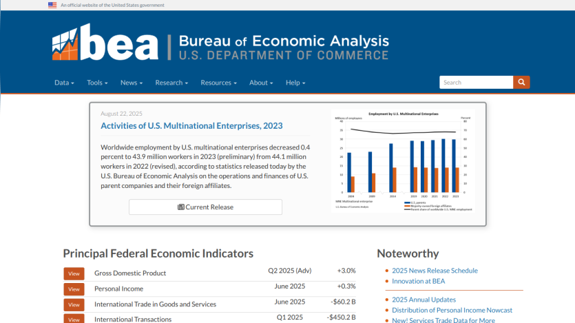 Bureau of Economic Analysis homepage featuring economic indicators and a report on U.S. multinational enterprises.